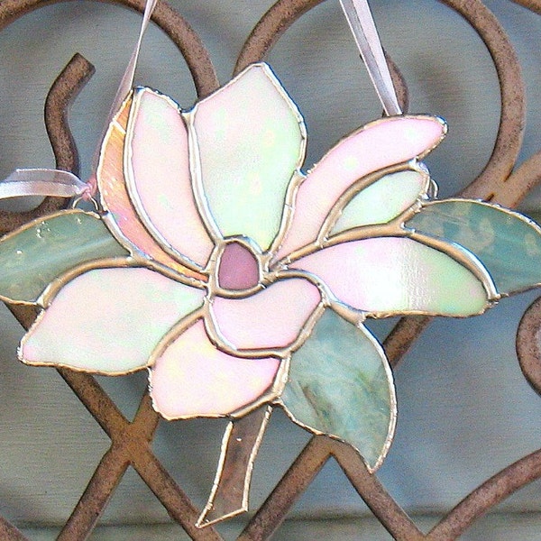 Gift for mom, magnolia flower in iridescent white stained glass art, grandmom, home or garden decor, window hanging suncatcher ornament