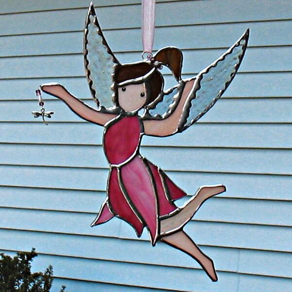 Stained glass fairy suncatcher, blue outdoor garden decor, gift for her, hanging window ornament, stained glass art, child's room decor