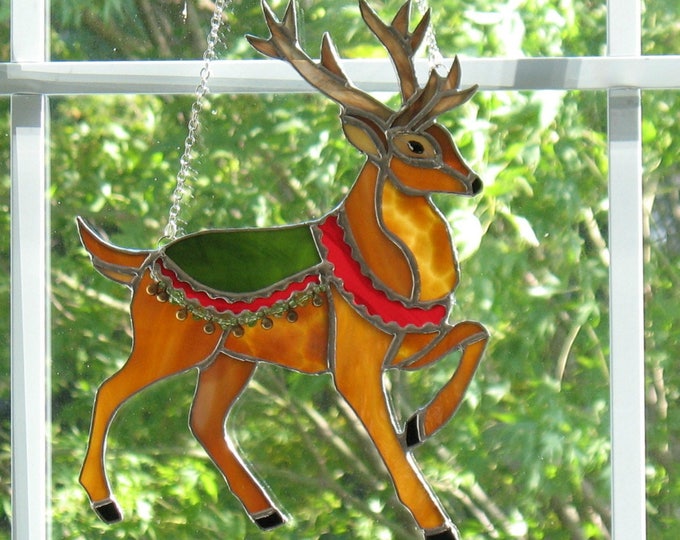 Large Stained Glass Reindeer Holiday Decoration, Suncatcher Ornament