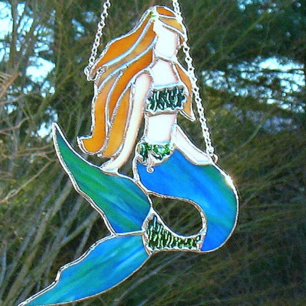 Mermaid panel in blue and green, stained glass suncatcher window hanging ornament, bathroom decor. Gift for beach lover, seashore decor.