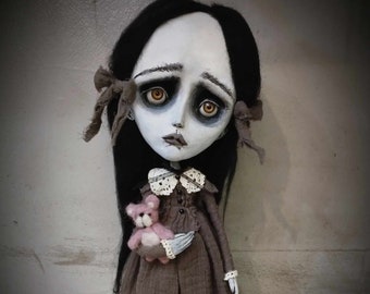 ooak Art doll-Handmade art doll-dark art doll-handmade OOAK doll-dark spooky creepy doll-sad doll-gothic doll-dark girl doll with bear doll