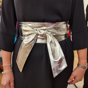 Silver Leather Belt, Silver Obi Belt,  Silver Wrap Belts, Real Leather Obi Belt, Silver Tie Belts