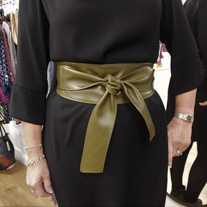 Olive Green Leather Obi Belt: Handmade Nappa Lambskin Sash USA DDP (Delivered Duty Paid) image 2