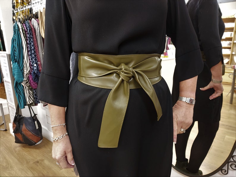 Olive Green Leather Obi Belt: Handmade Nappa Lambskin Sash USA DDP (Delivered Duty Paid) image 2