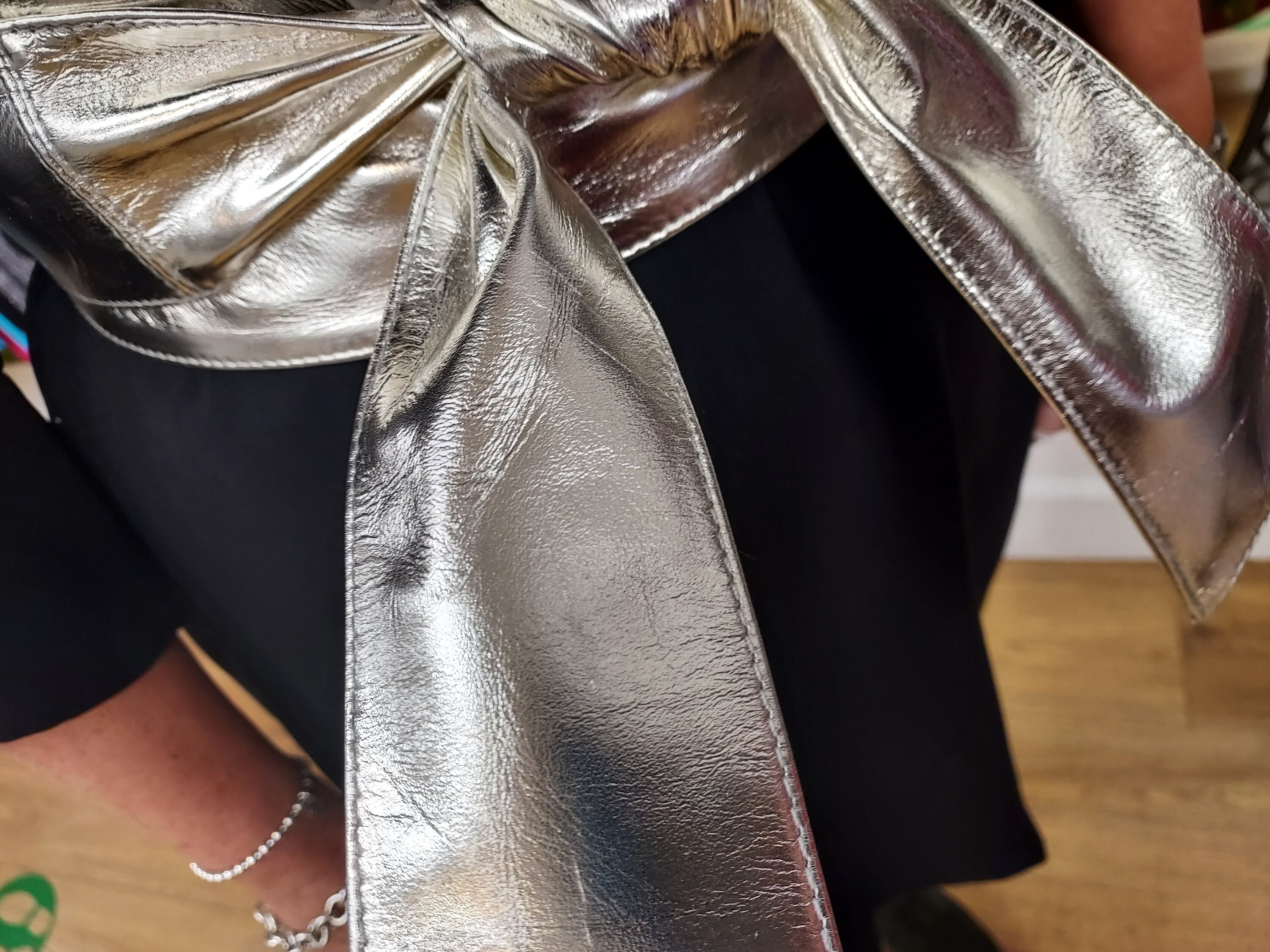 Silver Leather Obi Belt: Metallic Wrap Tie Belt USA DDP  display picture 3