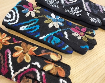 Embroidered Winter Gloves,  Touch Screen Gloves, Gloves for Women, Thermal Gloves, Boho Gloves with Floral Embroidery