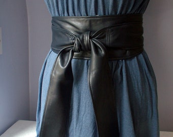 Navy Blue Leather Obi Belt – Handmade Waist Wrap Tie | USA DDP (Delivered Duty Paid)