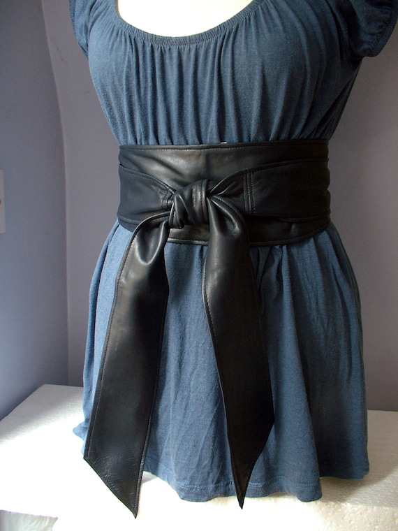 Navy Blue Leather Obi Sash Belt – Minimalist Handmade Wrap Waist