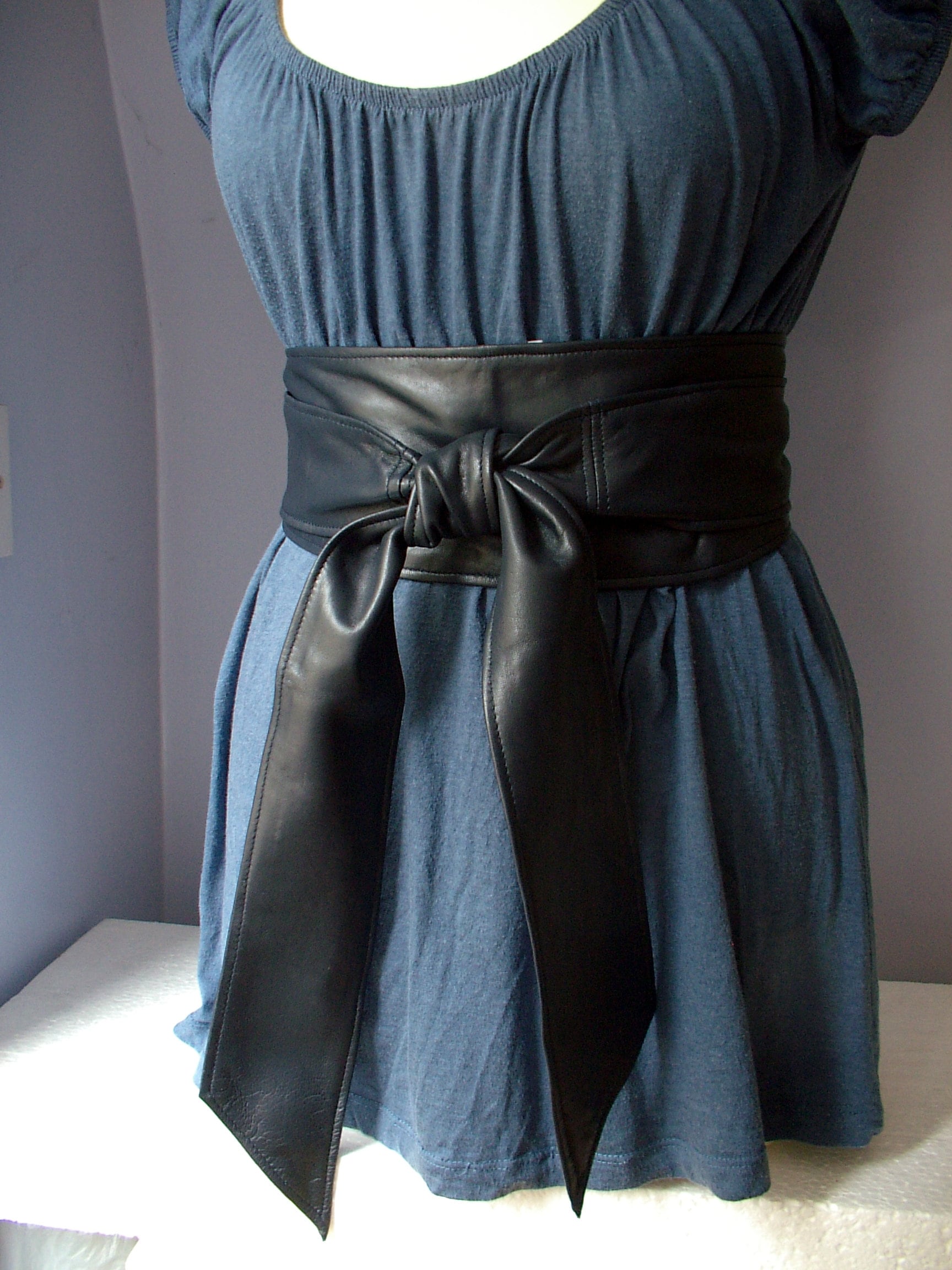 Dark Navy Blue Leather Belt, Blue Obi Belt, Soft Leather Belt