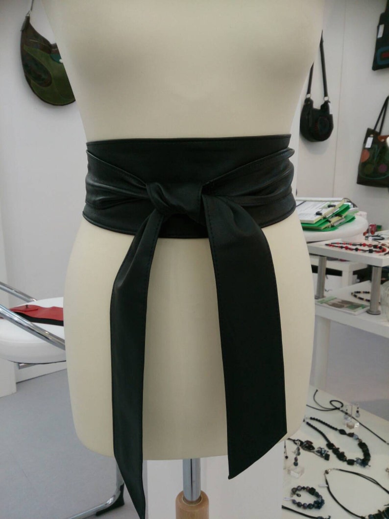 Black obi belts, leather black belts, real leather belts, plus size belts, black sash belts, double wrap belts image 1