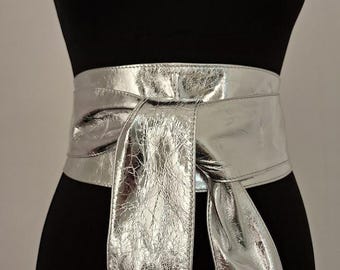 Silver Leather Obi Belt: Metallic Wrap Tie Belt USA DDP (Delivered Duty Paid)