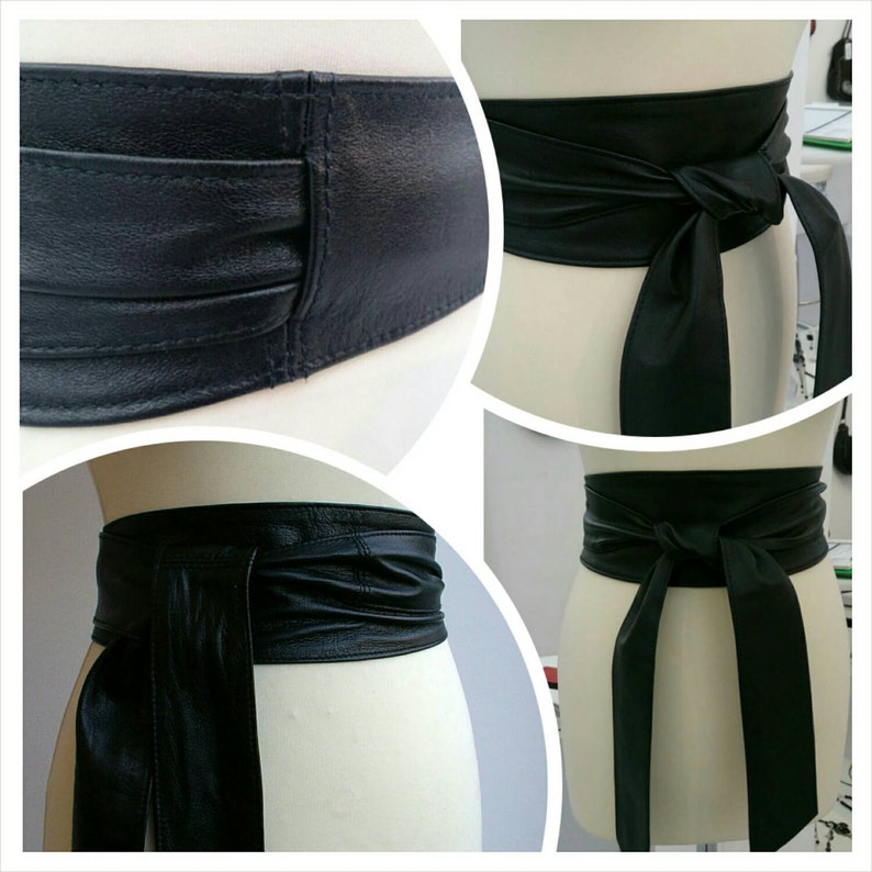 Black obi belts, leather black belts, real leather belts, plus size belts, black sash belts, double wrap belts image 2