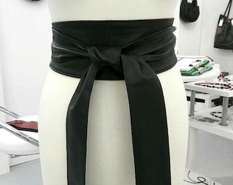Black Leather Obi Belt: Real Leather Double Wrap - USA DDP (Delivered Duty PAID)
