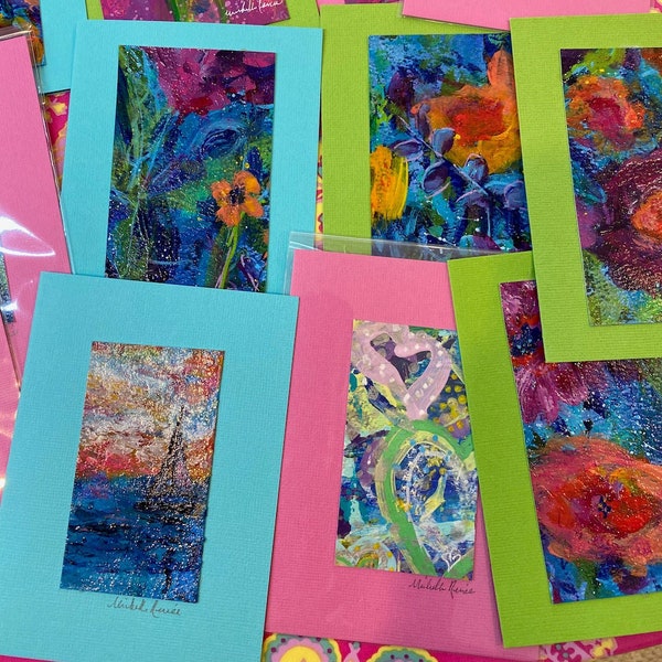 Original Art Card Set of 5 - Blank Notecard - One of a Kind - Acrylic Painting - 5.5"x4" Bright Colorful - Flower Heart Landscape Birthday