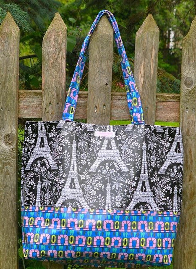 Shopping Tote Handmade Shoulder Michael Miller Eiffel Tower Waterproof LAST ONE! Market Bag Tote Oilcloth Laminate Cotton Fabric
