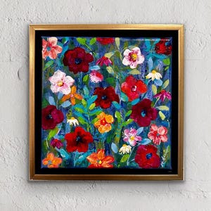 Abstract Floral Painting in Gold Floating Frame | Original 8x8 Colorful Impressionist Flowers Wall Art | Blooming Garden | Blue Background