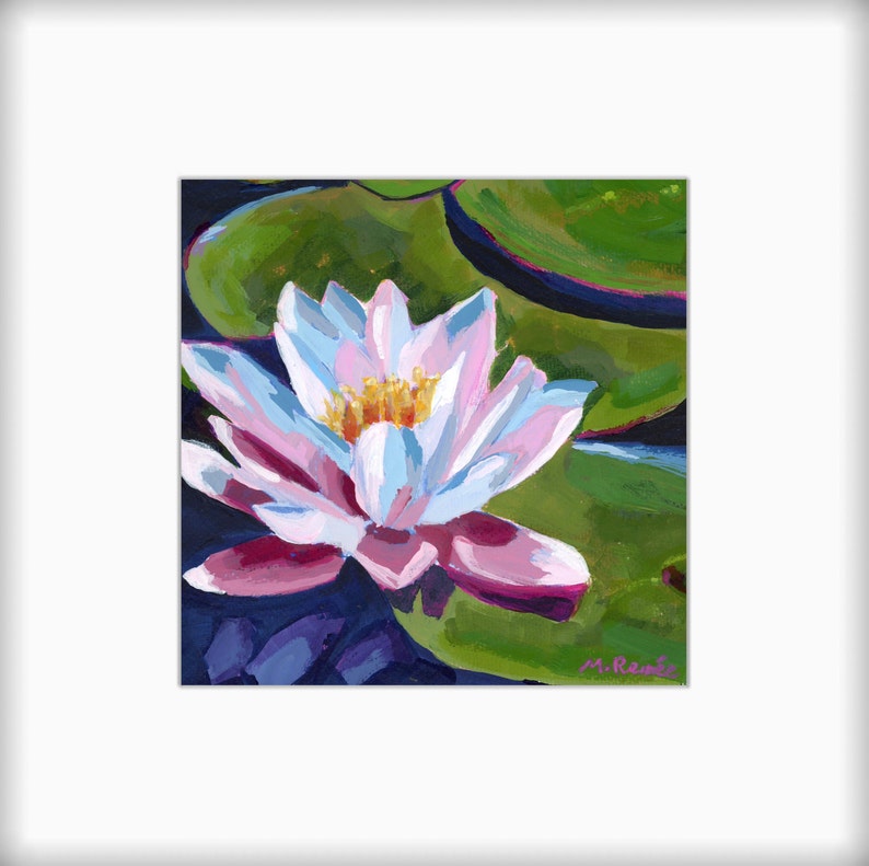 Lotus Flower Original Acrylic Painting, Matted Ready to Frame, Lily Pond Painting image 2