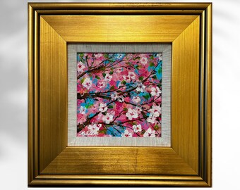 Cherry Blossom Original Acrylic Painting - Framed - Pink White Flower - Textured Floral Landscape