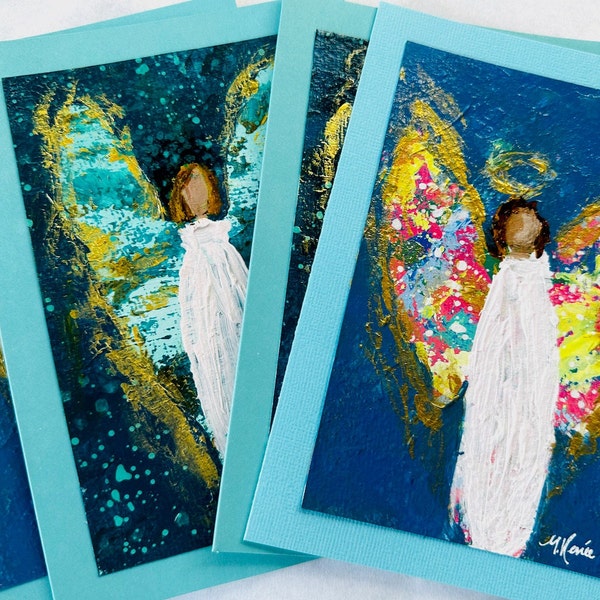 Angel Love Original Art Cards Set of 4 - 5x7 Inch - Blank Notecard Stationary  - One of a Kind Art - Greeting Cards