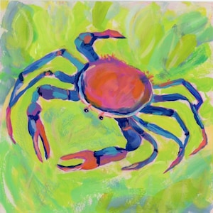 Colorful Crab Art - Coastal Wall Art - Original Acrylic Painting on Watercolor Paper - Beach House Decor - Nautical Sea Life Artwork