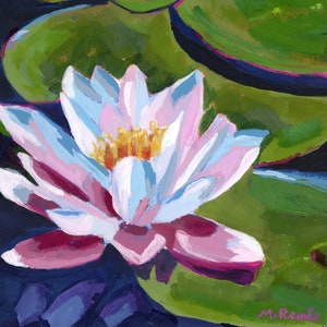 Lotus Flower Original Acrylic Painting, Matted Ready to Frame, Lily Pond Painting image 1