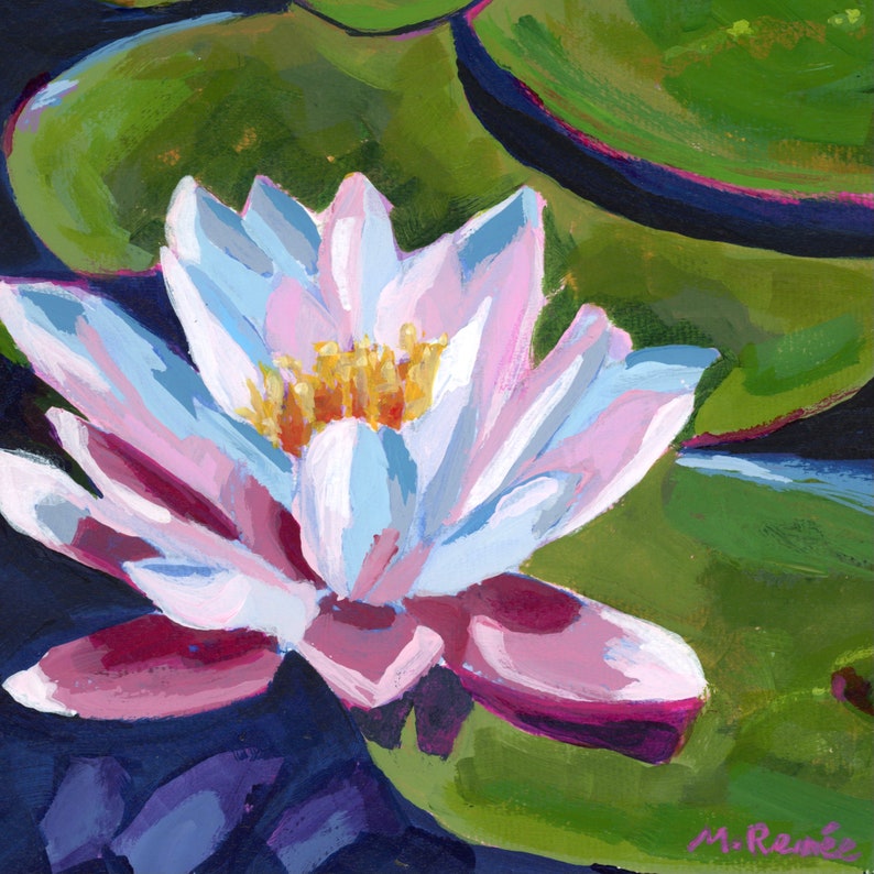 Lotus Flower Original Acrylic Painting, Matted Ready to Frame, Lily Pond Painting image 1