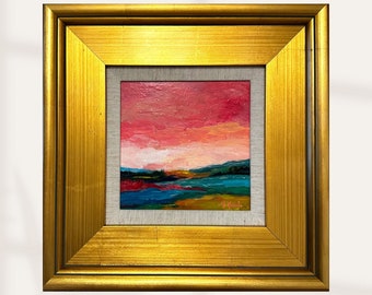 Abstract Landscape Original Acrylic Painting - Framed - Mountain Golden Hills - Wall Art - Bedroom, Powder Room, Hallway - Small Framed