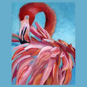 Flamingo Painting on Wood Panel – 8x10 Hand-Painted Tropical Bird Wall Art, Pink Flamingo Decor, Coastal Beach Art, Whimsical Animal Gift