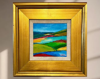 Abstract Landscape Original Acrylic Painting - Framed - Country Hills - Landscape Wall Art - Bedroom, Powder Room, Hallway - Small Framed