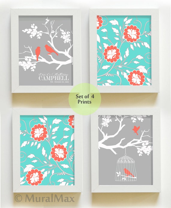 Coral And Turquoise Wall Decor Family Tree Personalized Prints Home Decor Wall Art Wedding Gift Housewarming Gift Personalized Gift