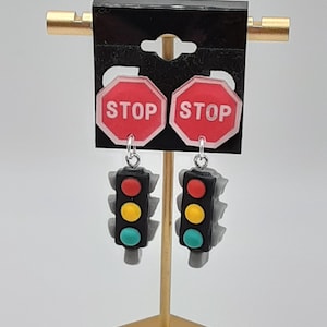 Stop Sign Traffic light Clip On  Dangle Earrings