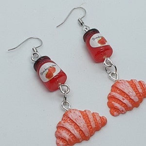 Croissant and Jam Dangle Earrings Whimsical fun food jewelry gifts for her Breakfast