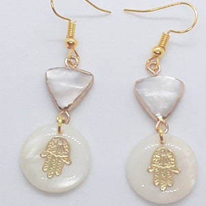 Hamsa Hand Fresh water Shell Earrings Fun Summer Jewelry vacation Earrings