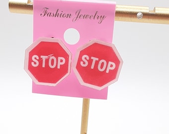 Stop Sign Clip On Earrings: Acrylic Street Sign Jewelry