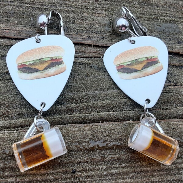 Clip On Beer & Hamburger Double Sided Guitar Pick Earrings