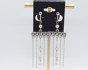 Clip On Pink and Silver Chandelier Chain Earrings gifts for her