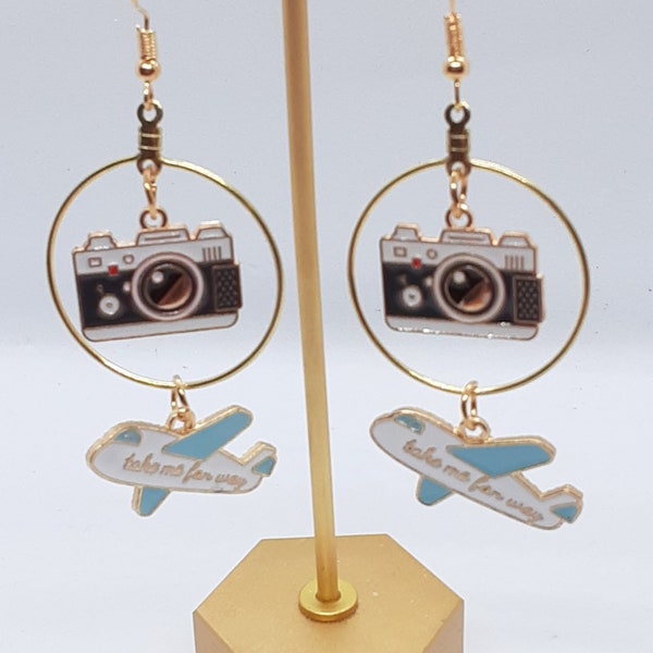 Vacation Hoop Dangle Earrings Camera Airplane Fun Jewelry