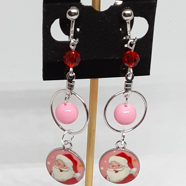 Santa Clause Christmas Clip On Dangle Earrings Pink Stocking Stuffers Gifts for her