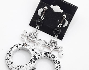 Clip On Black and White Upcycled Chandelier Earrings
