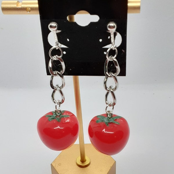 Clip On Red tomato with Dangle Earrings Gardener Vegetables whimsical fun food jewelry