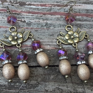 Bronze Flower Chandelier Earrings with Glass Beads