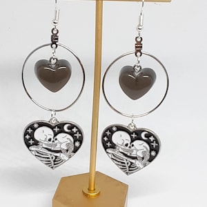 Skeleton Lovers Black Heart Hoop Earrings Valentine&#39;s Day Gothic