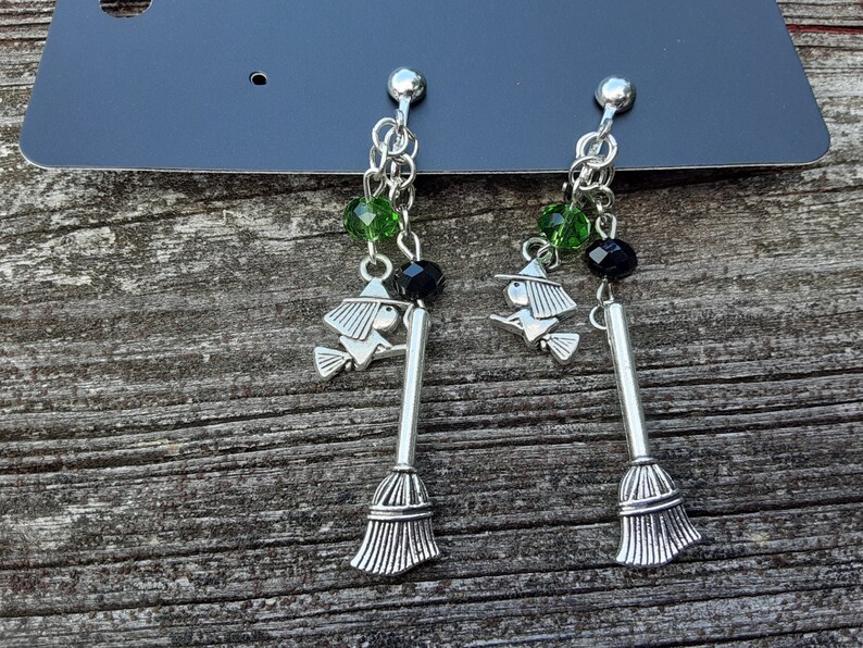 Handmade Clip On Witch and Broom Halloween Dangle earrings
