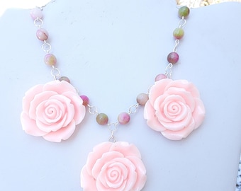 Rose Charm Necklace: Stone Beads, Silver Tone, Spring Jewelry
