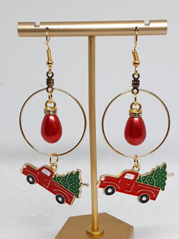 Red truck with christmas tree earrings discount