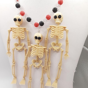 Skeleton Halloween Goth Black and Orange Clay Rhinestone  Beads Statement Necklace  Bling