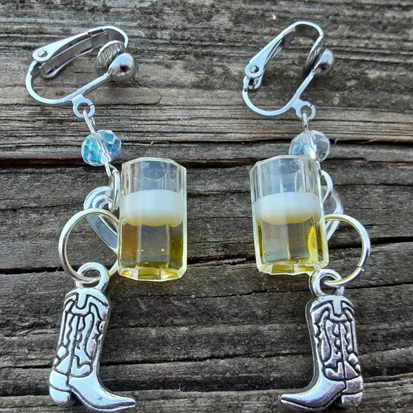 Clip On Beer and Cowboy Boots Earrings Country music Fan gifts for her