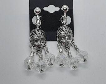 Clip On Goddess Earrings Silver and crystal clear glass beads gifts for her unique jewelry