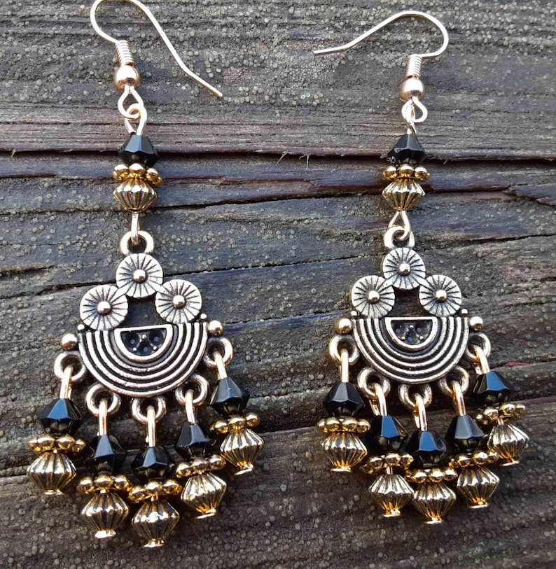 Black and Gold Chandelier Earrings Gifts for her