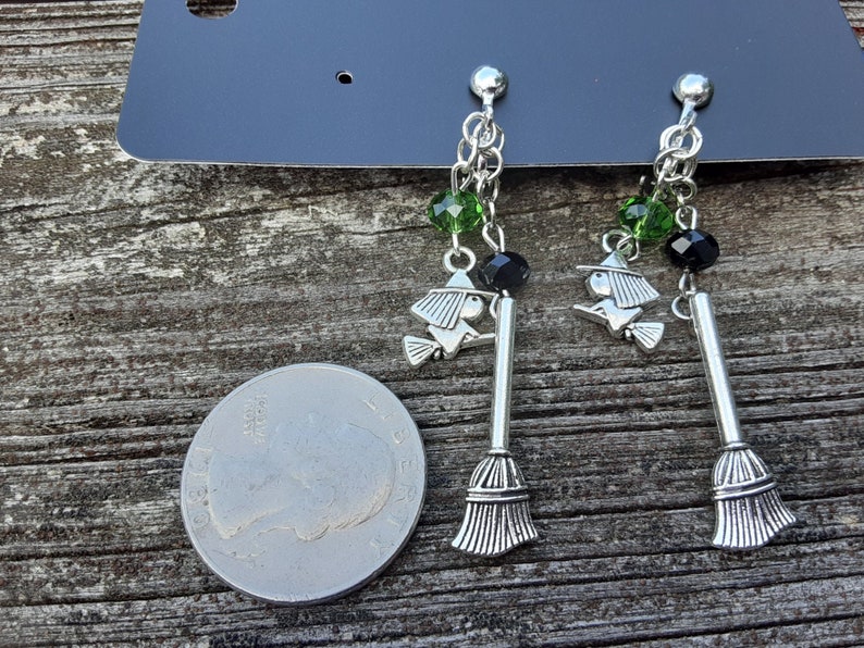 Handmade Clip On Witch and Broom Halloween Dangle earrings